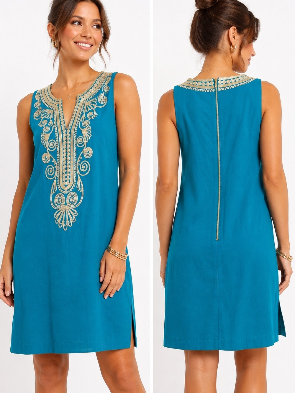 Lilly Pulitzer Turquoise Gold Embroidered Shift Dress Size 2